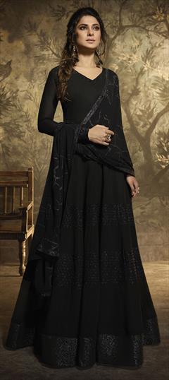 Party Wear, Reception Black and Grey color Gown in Georgette fabric with Embroidered, Resham, Stone, Thread work : 1568738