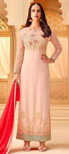 Bollywood Pink and Majenta color Salwar Kameez in Georgette fabric with Pakistani, Straight Embroidered, Lace, Resham, Stone, Thread, Zari work : 1568758