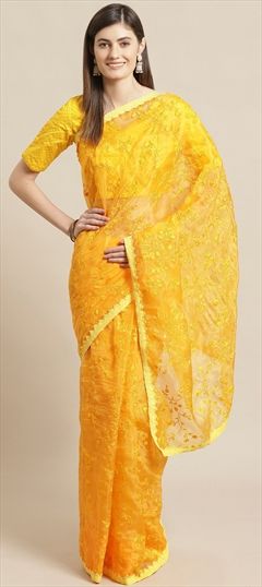 Party Wear, Reception, Traditional Yellow color Saree in Organza Silk, Silk fabric with South Embroidered, Resham, Thread work : 1569504