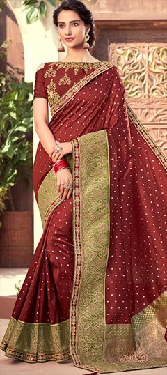 Party Wear, Traditional Red and Maroon color Saree in Jacquard fabric with South Embroidered work : 1569770