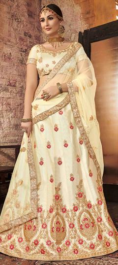 Party Wear, Reception Beige and Brown color Lehenga in Satin Silk fabric with A Line Embroidered, Thread, Zari work : 1570896