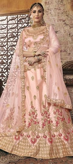 Party Wear, Reception Pink and Majenta color Lehenga in Satin Silk fabric with A Line Embroidered, Thread, Zari work : 1570901