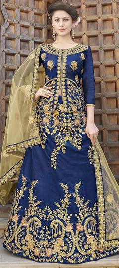 Mehendi Sangeet, Party Wear, Reception Blue color Long Lehenga Choli in Satin Silk fabric with Embroidered, Moti, Thread, Zari work : 1570918