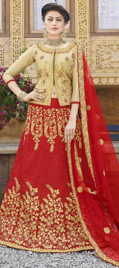Mehendi Sangeet, Party Wear, Reception Beige and Brown, Red and Maroon color Long Lehenga Choli in Satin Silk fabric with Embroidered, Stone, Thread, Zari work : 1570920