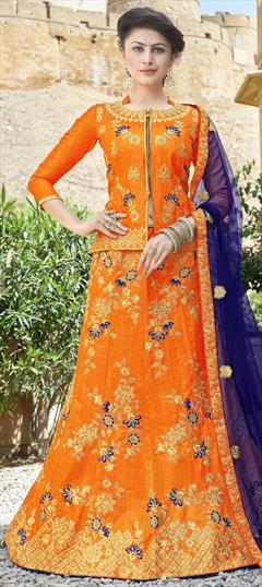 Mehendi Sangeet, Party Wear, Reception Orange color Long Lehenga Choli in Satin Silk fabric with Embroidered, Stone, Thread, Zari work : 1570921