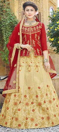 Mehendi Sangeet, Party Wear, Reception Beige and Brown, Red and Maroon color Long Lehenga Choli in Satin Silk fabric with Embroidered, Stone, Thread, Zari work : 1570924