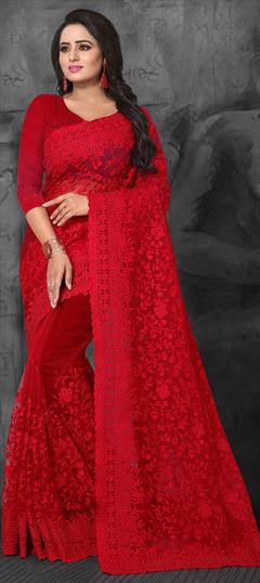Party Wear Red and Maroon color Saree in Net fabric with Classic Embroidered, Resham, Stone, Thread work : 1573885