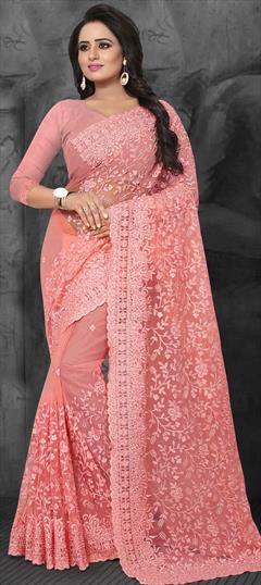 Party Wear Pink and Majenta color Saree in Net fabric with Classic Embroidered, Resham, Stone, Thread work : 1573890