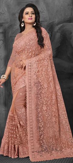 Party Wear Orange color Saree in Net fabric with Classic Embroidered, Resham, Stone, Thread work : 1573894