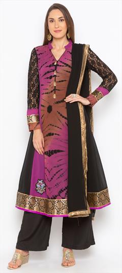Engagement, Party Wear, Reception Black and Grey, Purple and Violet color Salwar Kameez in Georgette fabric with Palazzo Printed, Resham, Thread, Tye n Dye work : 1575017