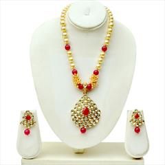 Red and Maroon color Necklace in Copper studded with Kundan, Pearl & Gold Rodium Polish : 1575071