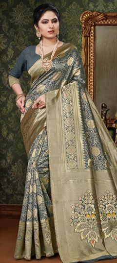 Traditional Black and Grey color Saree in Art Silk, Silk fabric with South Weaving work : 1575559