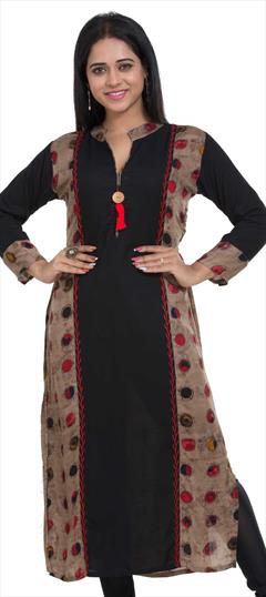 Summer Beige and Brown, Black and Grey color Kurti in Rayon fabric with Long, Straight Printed, Thread work : 1575624