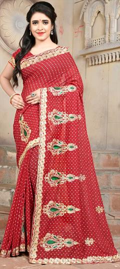 Festive, Party Wear Red and Maroon color Saree in Faux Georgette fabric with Rajasthani Bandhej, Embroidered, Printed, Resham, Thread, Zari work : 1575972