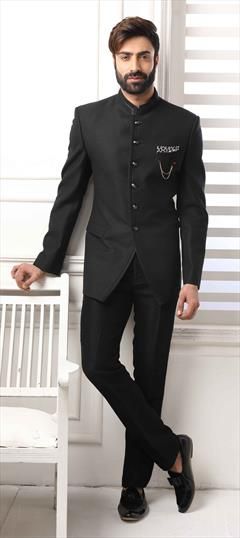 Black and Grey color Jodhpuri Suit in Imported fabric with Broches work : 1576085