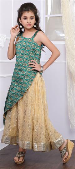 Gold, Green color Girls Gown in Brocade, Net fabric with Patch, Stone work : 1576294