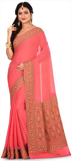 Reception, Wedding Pink and Majenta color Saree in Banarasi Silk, Silk fabric with South Weaving work : 1576726