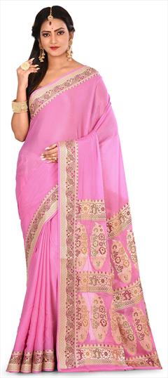 Reception, Wedding Pink and Majenta color Saree in Banarasi Silk, Silk fabric with South Weaving work : 1576735