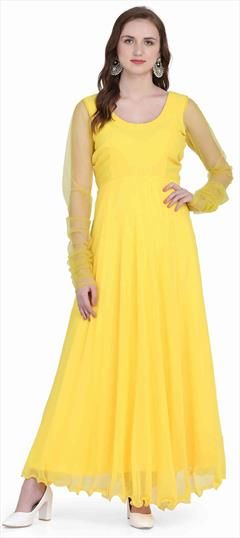 Casual Yellow color Kurti in Georgette fabric with Anarkali Thread work : 1576879