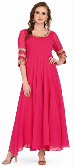 Casual Pink and Majenta color Kurti in Georgette fabric with Anarkali Embroidered, Thread work : 1576880