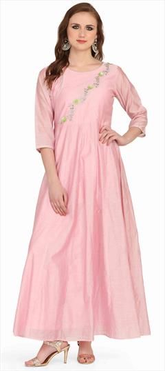 Casual Pink and Majenta color Kurti in Chanderi Silk fabric with Anarkali Embroidered, Thread work : 1576881
