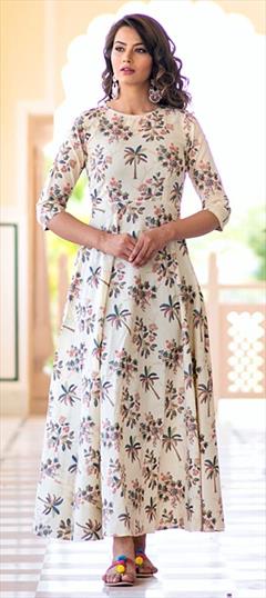 Party Wear Beige and Brown color Gown in Muslin fabric with Digital Print work : 1578193