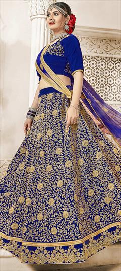 Mehendi Sangeet, Party Wear Blue color Lehenga in Velvet fabric with A Line Border, Embroidered, Zari work : 1578426
