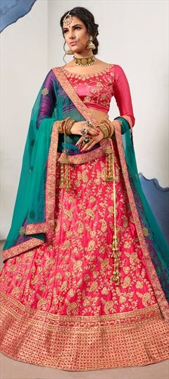Engagement, Mehendi Sangeet Pink and Majenta color Lehenga in Satin Silk fabric with A Line Embroidered, Stone, Thread, Zari work : 1579218