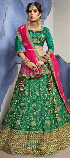 Engagement, Mehendi Sangeet Green color Lehenga in Satin Silk fabric with A Line Embroidered, Stone, Thread, Zari work : 1579223