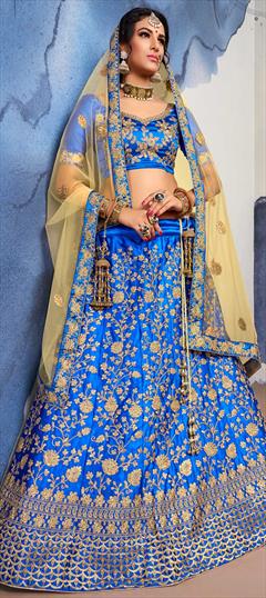 Engagement, Mehendi Sangeet Blue color Lehenga in Satin Silk fabric with A Line Embroidered, Stone, Thread, Zari work : 1579225