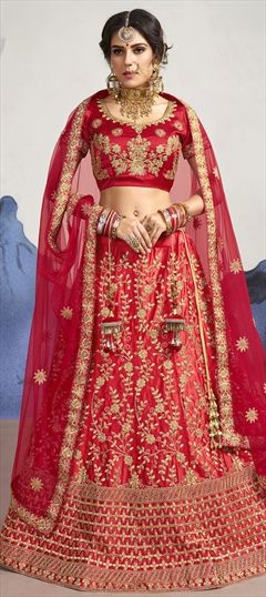 Engagement, Mehendi Sangeet Red and Maroon color Lehenga in Satin Silk fabric with A Line Embroidered, Stone, Thread, Zari work : 1579236