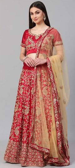 Mehendi Sangeet, Reception Red and Maroon color Lehenga in Satin Silk fabric with A Line Embroidered, Stone, Thread, Zari work : 1579243