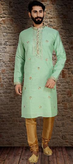 Green color Kurta Pyjamas in Dupion Silk fabric with Thread work : 1579563