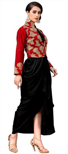 Party Wear Red and Maroon color Tunic with Bottom in Dupion Silk, Satin Silk fabric with Embroidered, Thread work : 1581268