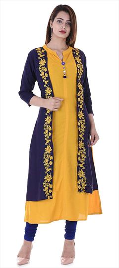 Party Wear Blue, Yellow color Tunic with Bottom in Rayon fabric with Embroidered, Thread work : 1581271