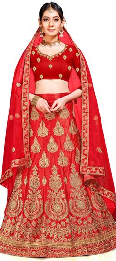 Engagement, Mehendi Sangeet Red and Maroon color Lehenga in Silk fabric with A Line Embroidered, Resham, Stone, Thread, Zari work : 1581457