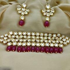 Red and Maroon color Necklace in Metal Alloy studded with CZ Diamond, Kundan & Gold Rodium Polish : 1581557