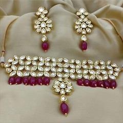 Red and Maroon color Necklace in Metal Alloy studded with CZ Diamond, Kundan & Gold Rodium Polish : 1581558