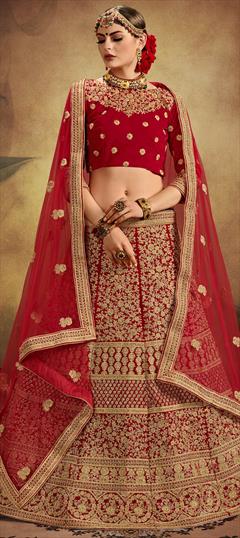Mehendi Sangeet, Reception Red and Maroon color Lehenga in Velvet fabric with A Line Embroidered, Resham, Stone, Thread, Zari work : 1581665