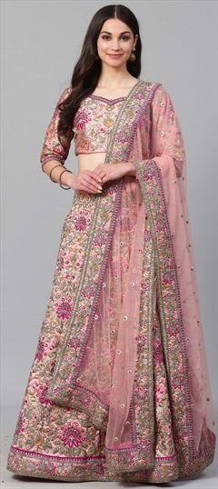 Engagement, Mehendi Sangeet, Reception Pink and Majenta color Lehenga in Taffeta Silk fabric with A Line Embroidered, Sequence, Stone, Thread, Zari work : 1581672