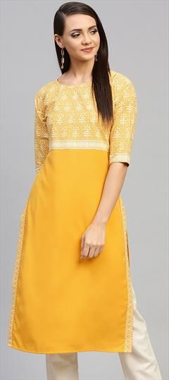 Casual Yellow color Kurti in Crepe Silk fabric with Elbow Sleeve, Straight Printed work : 1581996