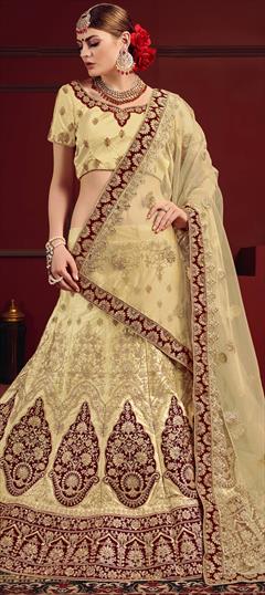 Wedding Beige and Brown color Lehenga in Satin Silk fabric with A Line Stone, Thread, Zari work : 1582508