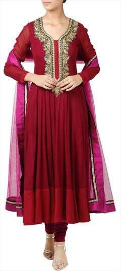 Party Wear Red and Maroon color Salwar Kameez in Georgette fabric with Anarkali Embroidered, Sequence, Thread work : 1582752