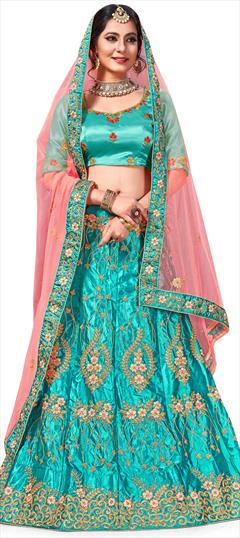 Engagement, Festive, Mehendi Sangeet Blue color Lehenga in Satin Silk, Silk fabric with A Line, Umbrella Shape Embroidered, Resham, Stone, Thread, Zari work : 1583077