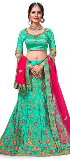Engagement, Festive, Mehendi Sangeet Green color Lehenga in Satin Silk fabric with A Line, Umbrella Shape Embroidered, Resham, Stone, Thread, Zari work : 1583081
