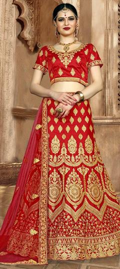 Bridal, Wedding Red and Maroon color Lehenga in Silk fabric with A Line Embroidered, Thread, Zari work : 1583103