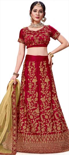 Engagement, Festive, Mehendi Sangeet Red and Maroon color Lehenga in Satin Silk, Silk fabric with A Line Embroidered, Stone, Thread, Zari work : 1583121