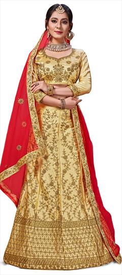 Engagement, Festive, Mehendi Sangeet Beige and Brown color Lehenga in Satin Silk, Silk fabric with A Line Embroidered, Stone, Thread, Zari work : 1583123