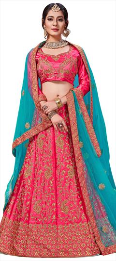 Engagement, Festive, Mehendi Sangeet Pink and Majenta color Lehenga in Satin Silk, Silk fabric with A Line Embroidered, Stone, Thread, Zari work : 1583126