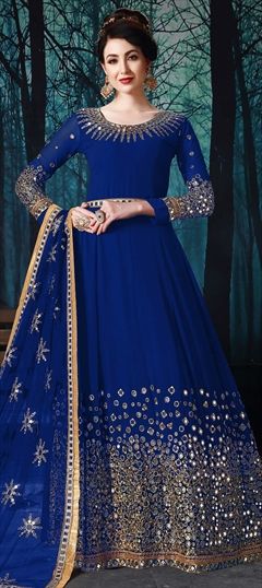 Bridal, Engagement, Mehendi Sangeet Blue color Salwar Kameez in Georgette fabric with Abaya, Anarkali Mirror work : 1583233